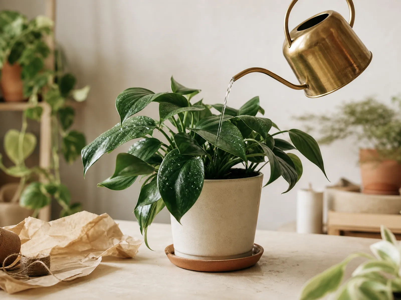 Regadera de metal junto a plantas de interior sobre fondo crema