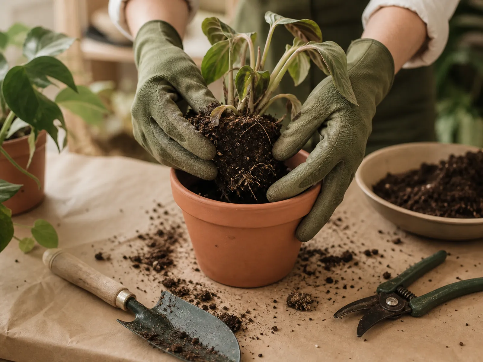 Manos trasplantando una planta en recuperación sobre mesa de trabajo